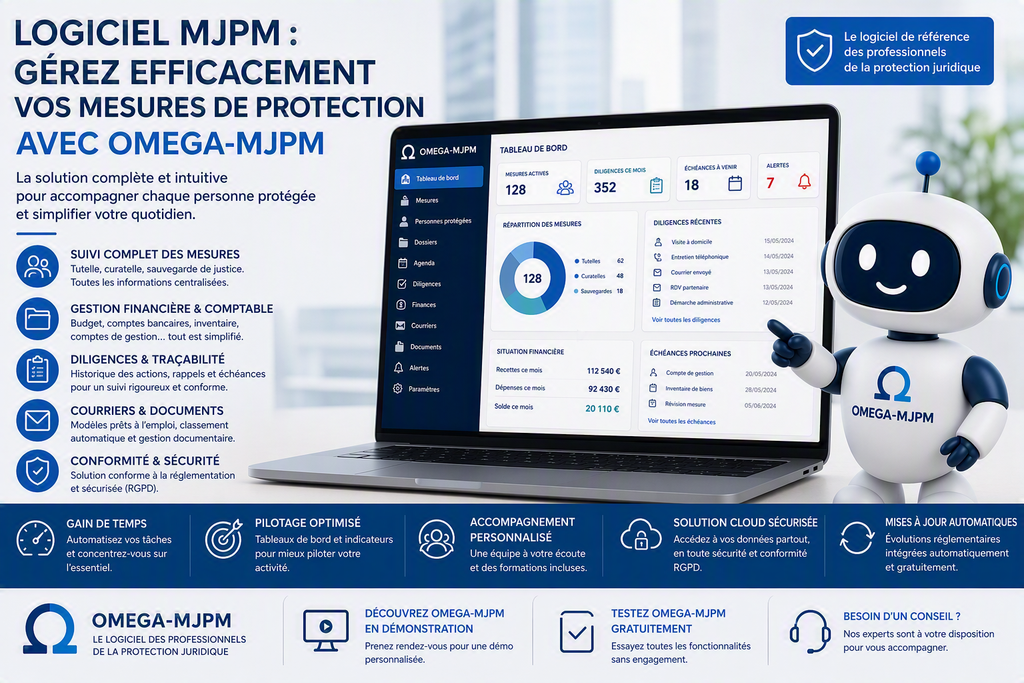 OMEGA-MJPM simplifie la gestion des mesures de protection juridique. Gérez vos dossiers de tutelle, curatelle et sauvegarde de justice avec efficacité.