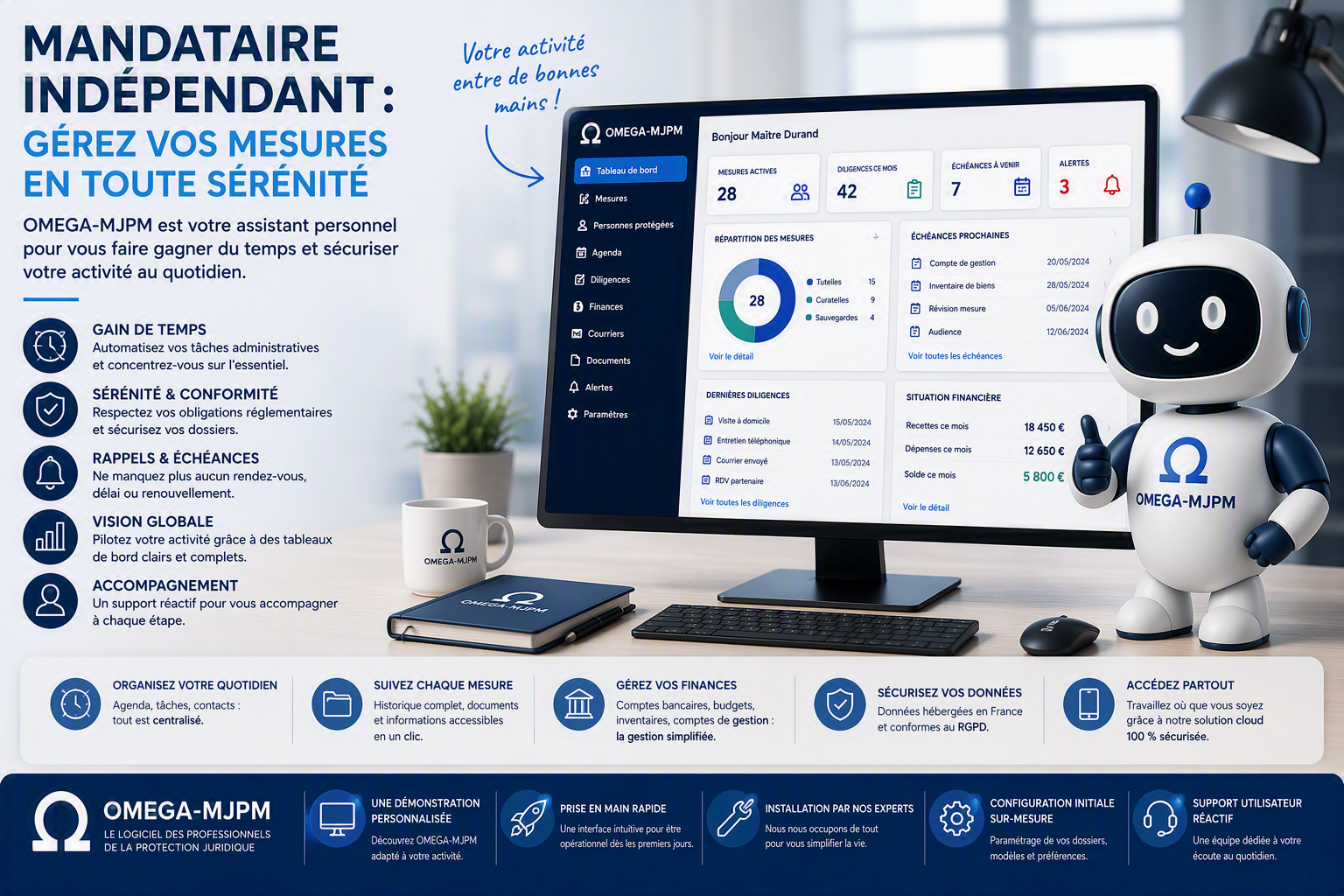 Réduisez votre charge administrative, sécurisez vos dossiers et ne manquez plus aucune échéance grâce au logiciel OMEGA-MJPM dédié aux MJPM indépendants.