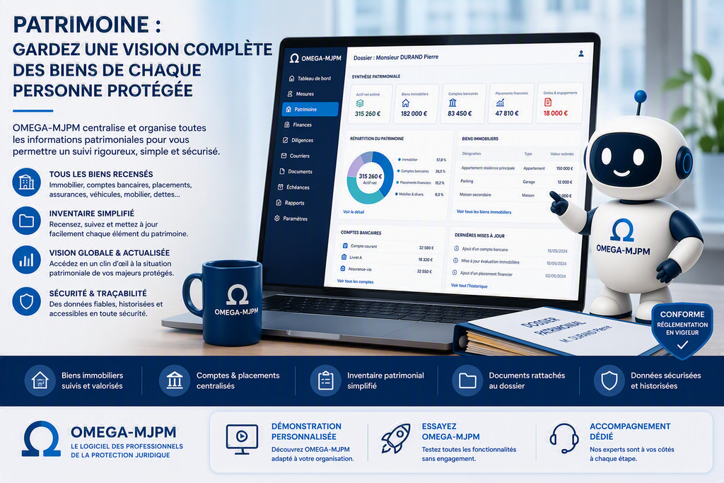 Centralisez les biens, comptes bancaires, placements et informations patrimoniales de vos personnes protégées avec OMEGA-MJPM.