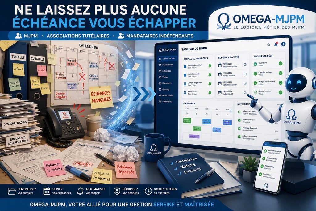 Tableau de bord OMEGA-MJPM avec rappels automatiques et gestion des échéances de tutelle et curatelle.